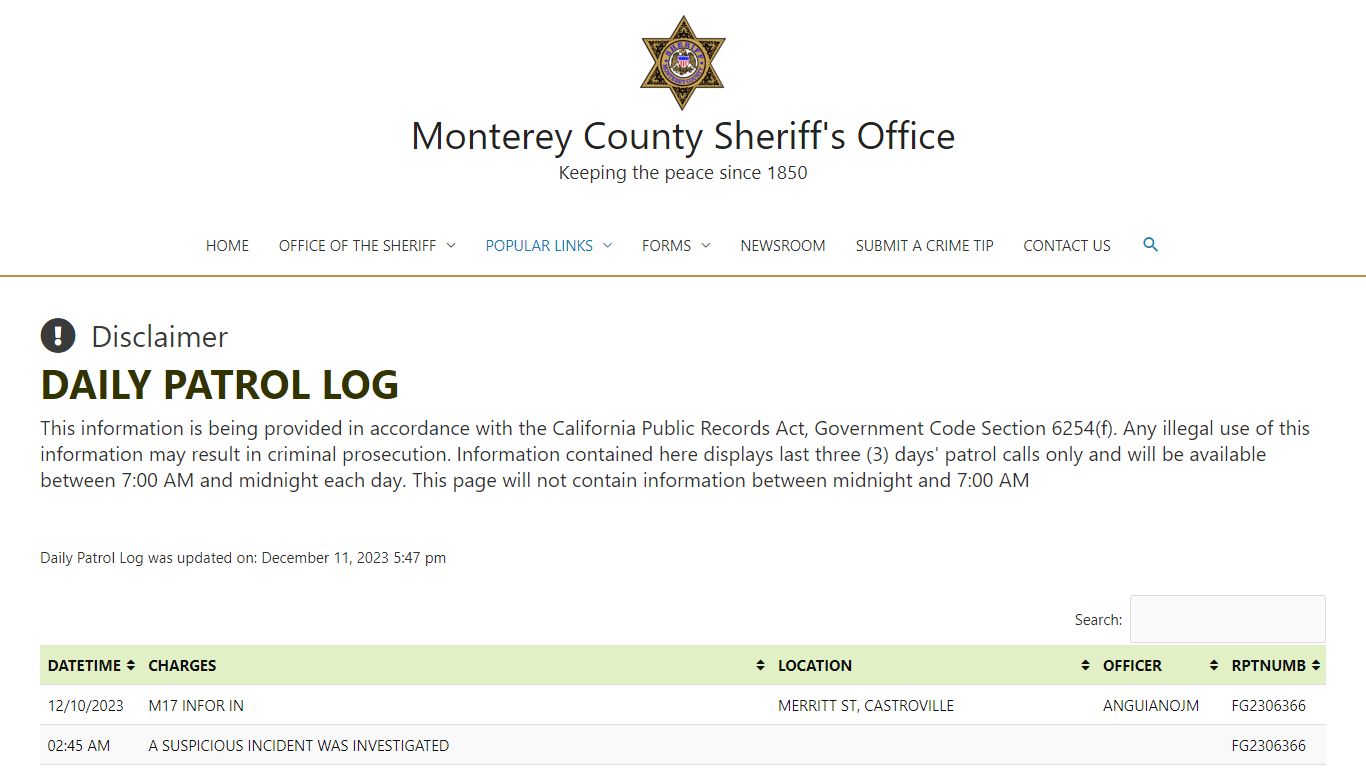 DAILY PATROL LOG – Monterey County Sheriff's Office