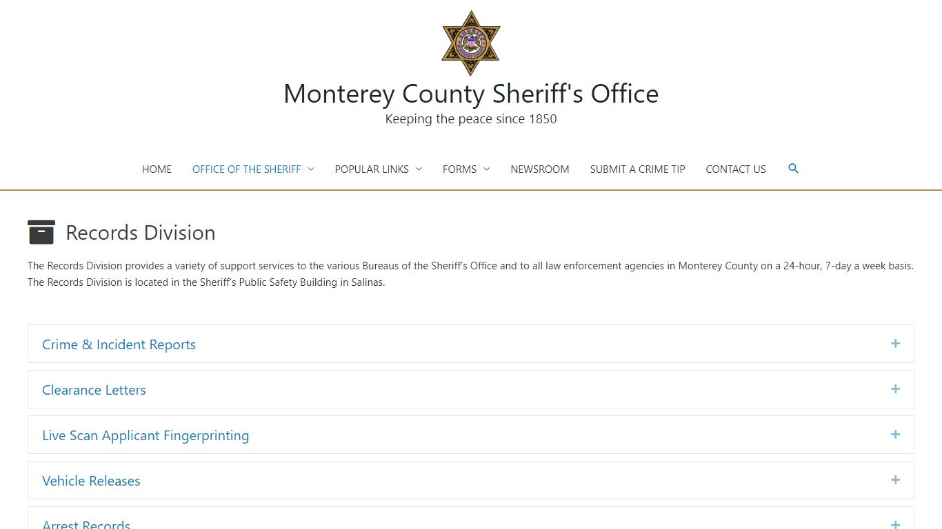 Records Division – Monterey County Sheriff's Office